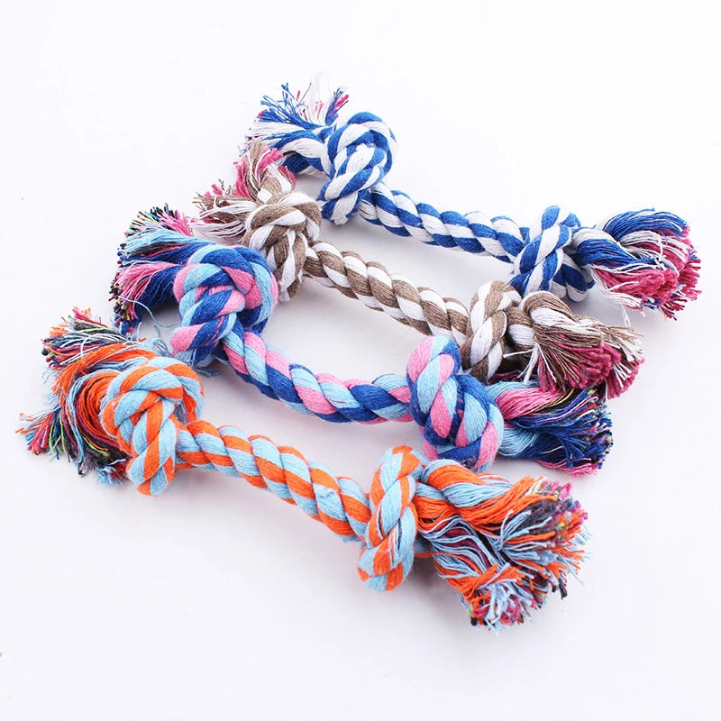 Giocattolo a corda in cotone con doppio nodo per cani e cuccioli, 15 o 21 cm, colore casuale, ideale per pulizia denti e masticazione resistente.