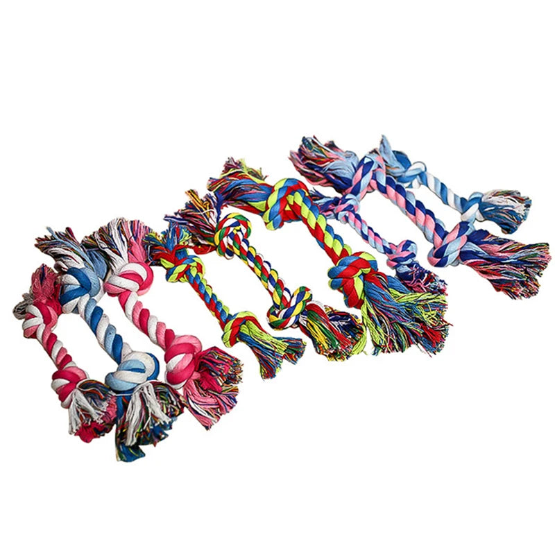 Giocattolo a corda in cotone con doppio nodo per cani e cuccioli, 15 o 21 cm, colore casuale, ideale per pulizia denti e masticazione resistente.