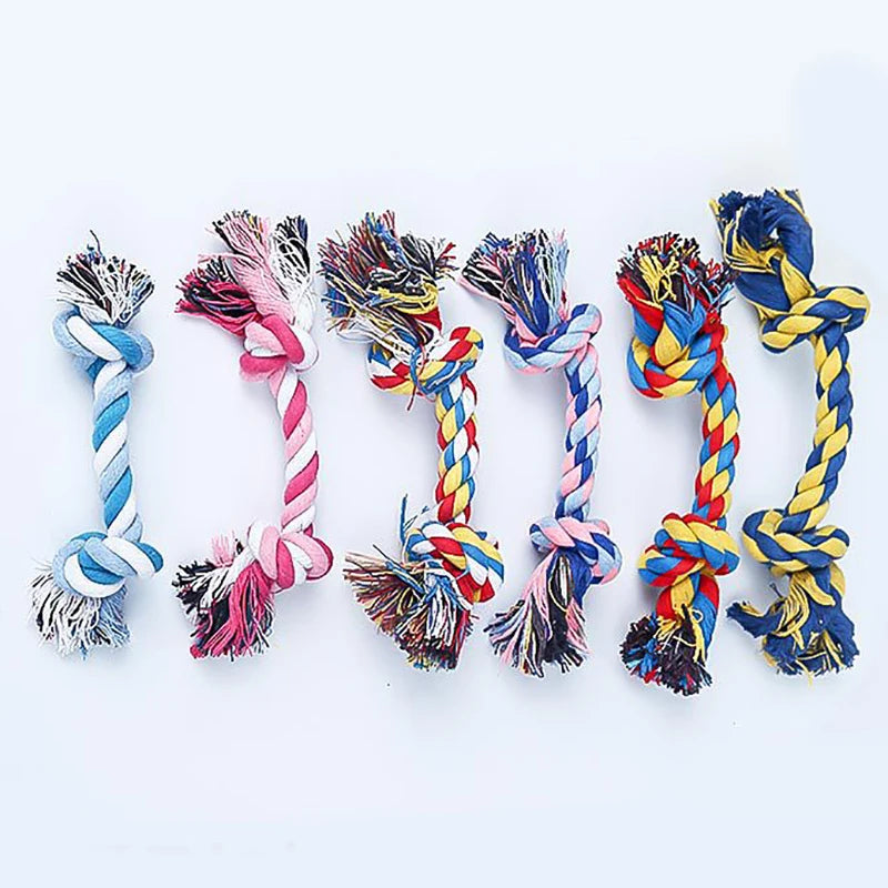 Giocattolo a corda in cotone con doppio nodo per cani e cuccioli, 15 o 21 cm, colore casuale, ideale per pulizia denti e masticazione resistente.