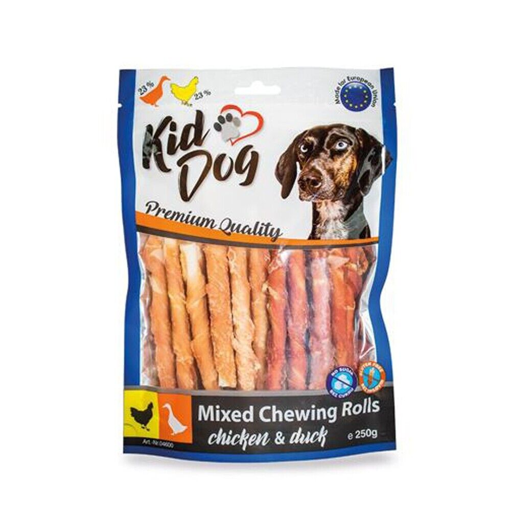 Busta di bastoncini di pelle di bufalo con pollo e anatra essiccati per cani Kid Dog da 250 g