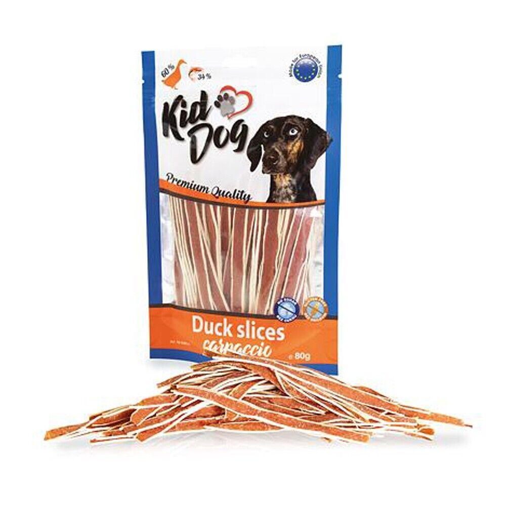 Busta di snack per cani strisce morbide di anatra e merluzzo Kid Dog da 80 g