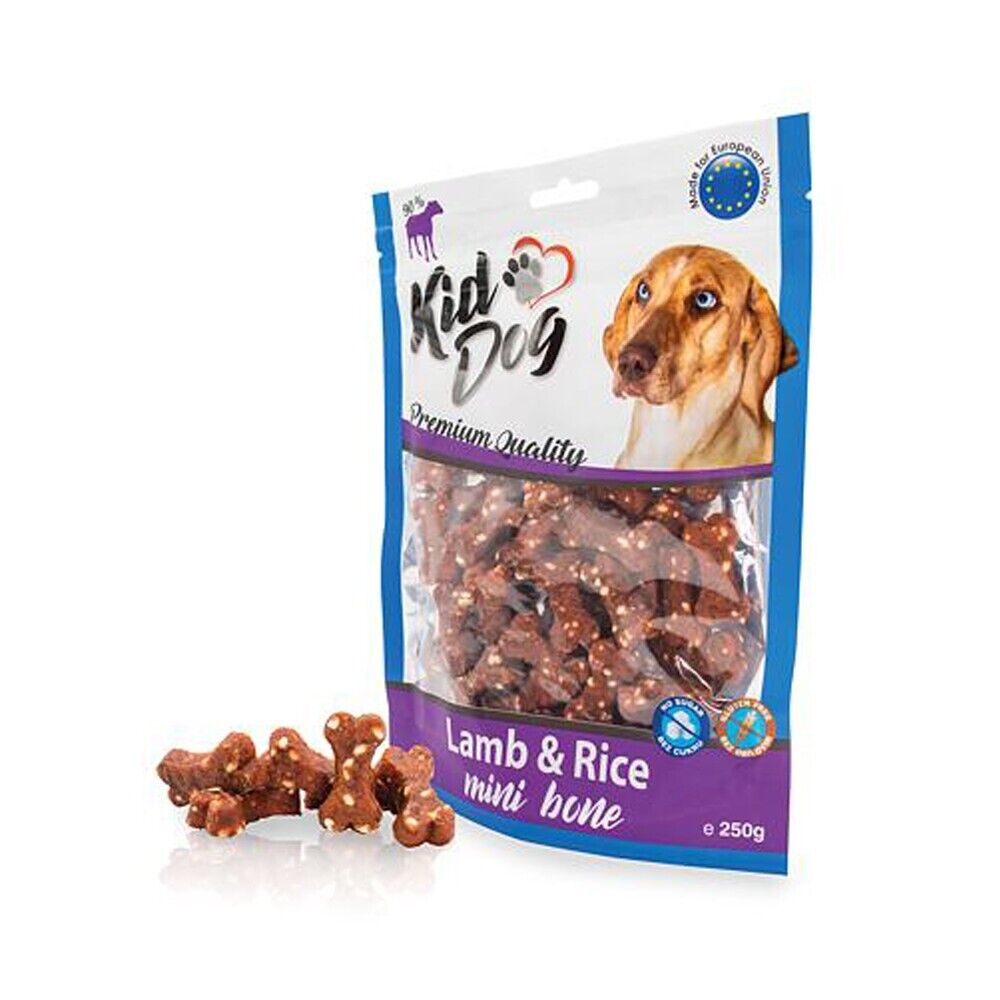 Busta di snack per cani a forma di ossicino con agnello e riso Kid Dog da 80 g