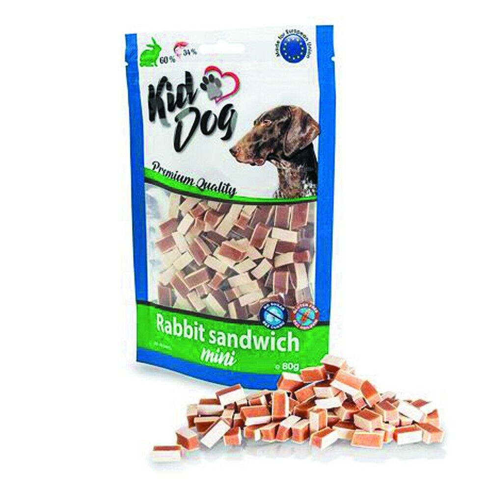 Busta di mini snack per cani al coniglio e merluzzo Kid Dog da 80 g