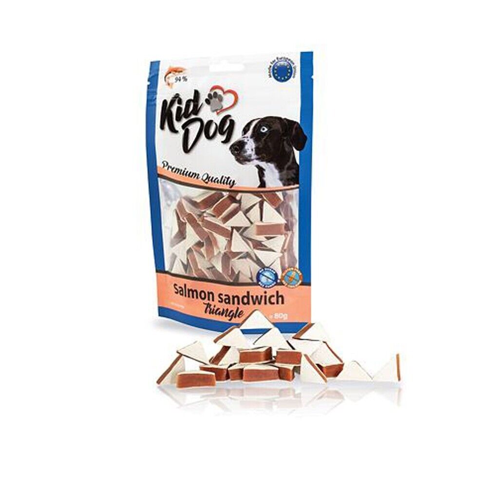 Busta di snack per cani a forma di triangolino con salmone e merluzzo Kid Dog da 80 g