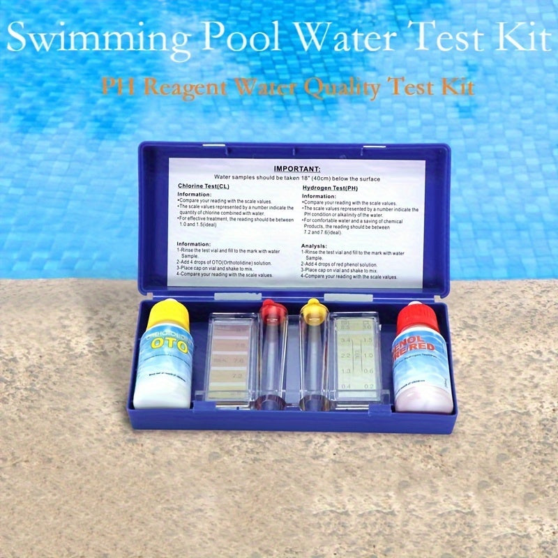 Kit test acqua piscina con flaconi di reagente pH Fenolo Rosso e Cloro OTO, provette graduate con scala di colori e custodia blu in plastica.