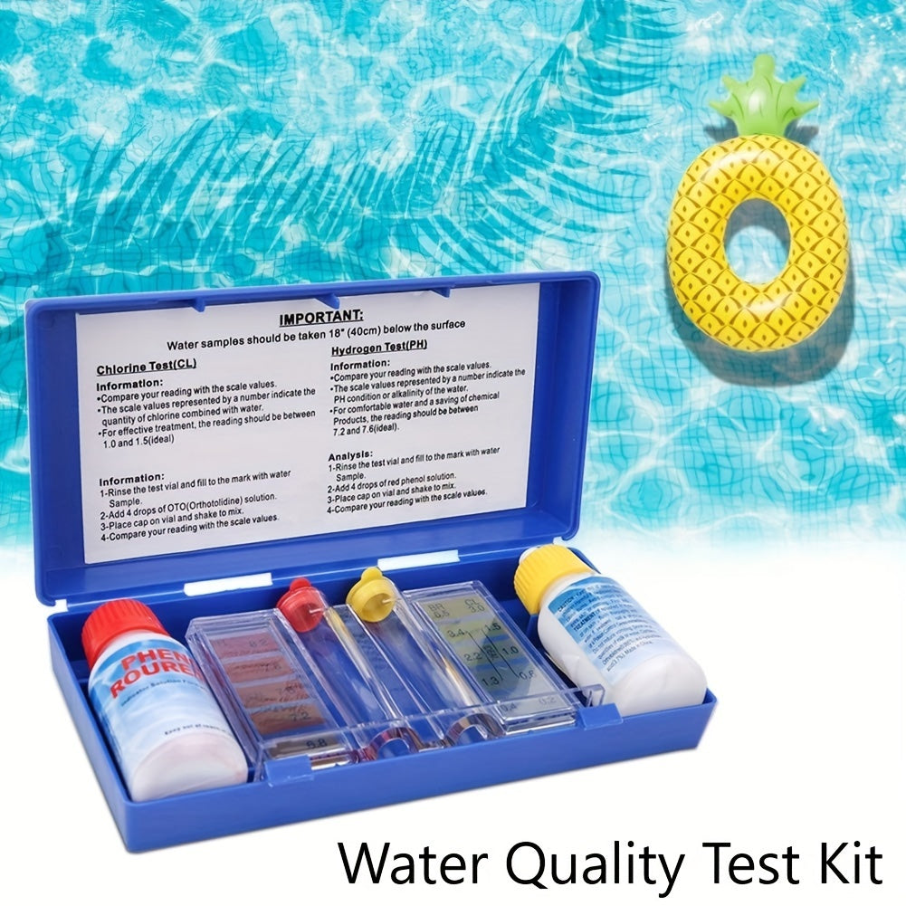 Kit test acqua piscina con flaconi di reagente pH Fenolo Rosso e Cloro OTO, provette graduate con scala di colori e custodia blu in plastica.