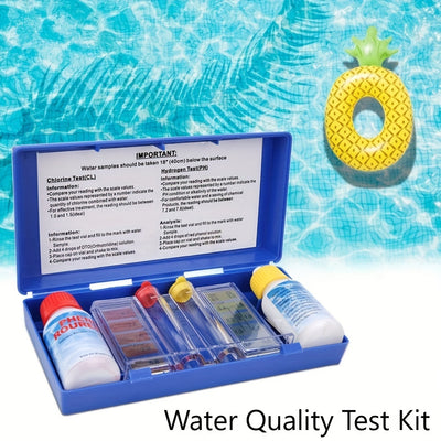 Kit test acqua piscina con flaconi di reagente pH Fenolo Rosso e Cloro OTO, provette graduate con scala di colori e custodia blu in plastica.