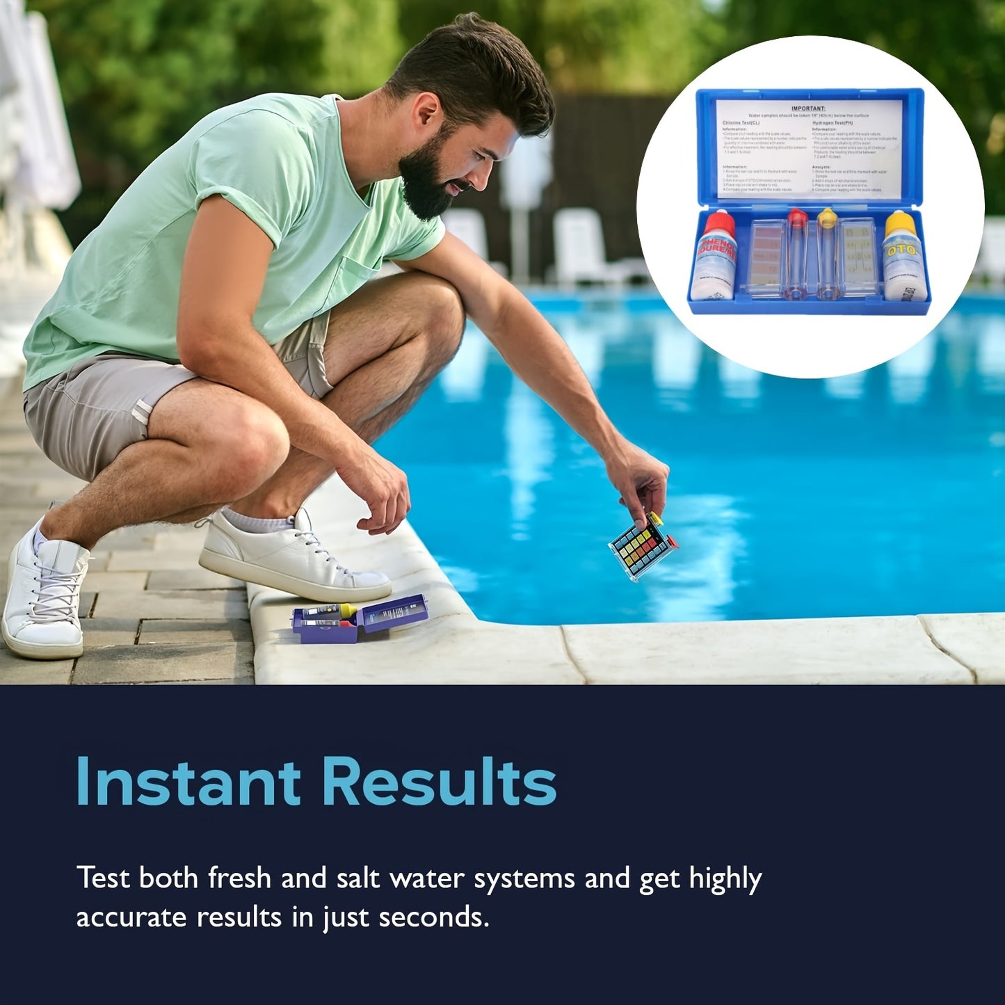 Kit test acqua piscina con flaconi di reagente pH Fenolo Rosso e Cloro OTO, provette graduate con scala di colori e custodia blu in plastica.