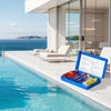Kit test acqua piscina con flaconi di reagente pH Fenolo Rosso e Cloro OTO, provette graduate con scala di colori e custodia blu in plastica.