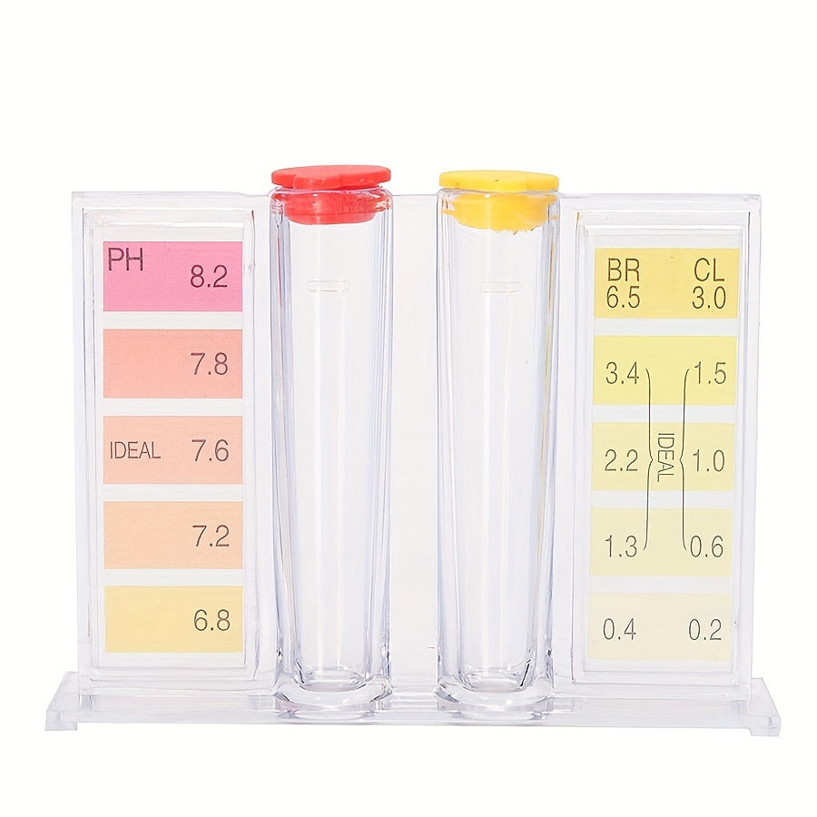 Kit test acqua piscina con flaconi di reagente pH Fenolo Rosso e Cloro OTO, provette graduate con scala di colori e custodia blu in plastica.