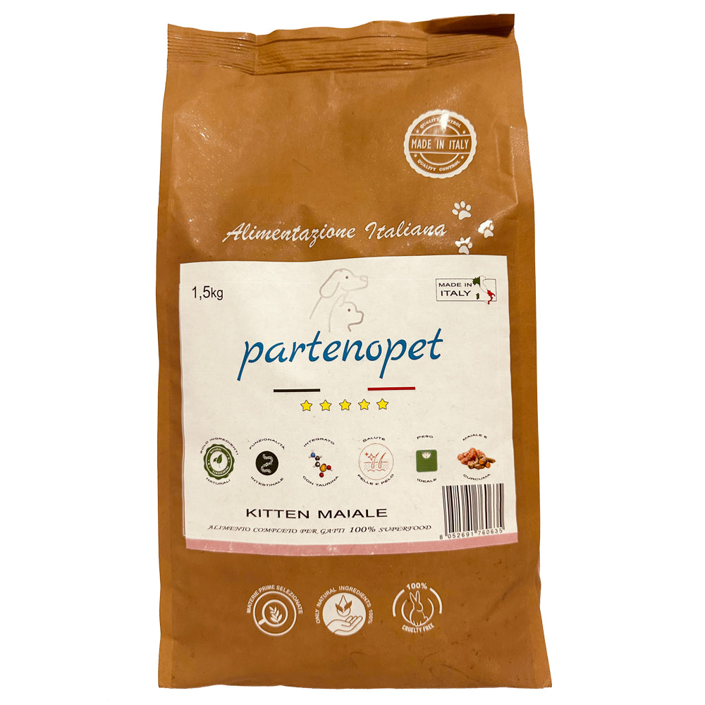 Partenopet Cat Kitten Maiale Crocchette per Gatti Cuccioli pressate a freddo 1,5 kg - Partenopet