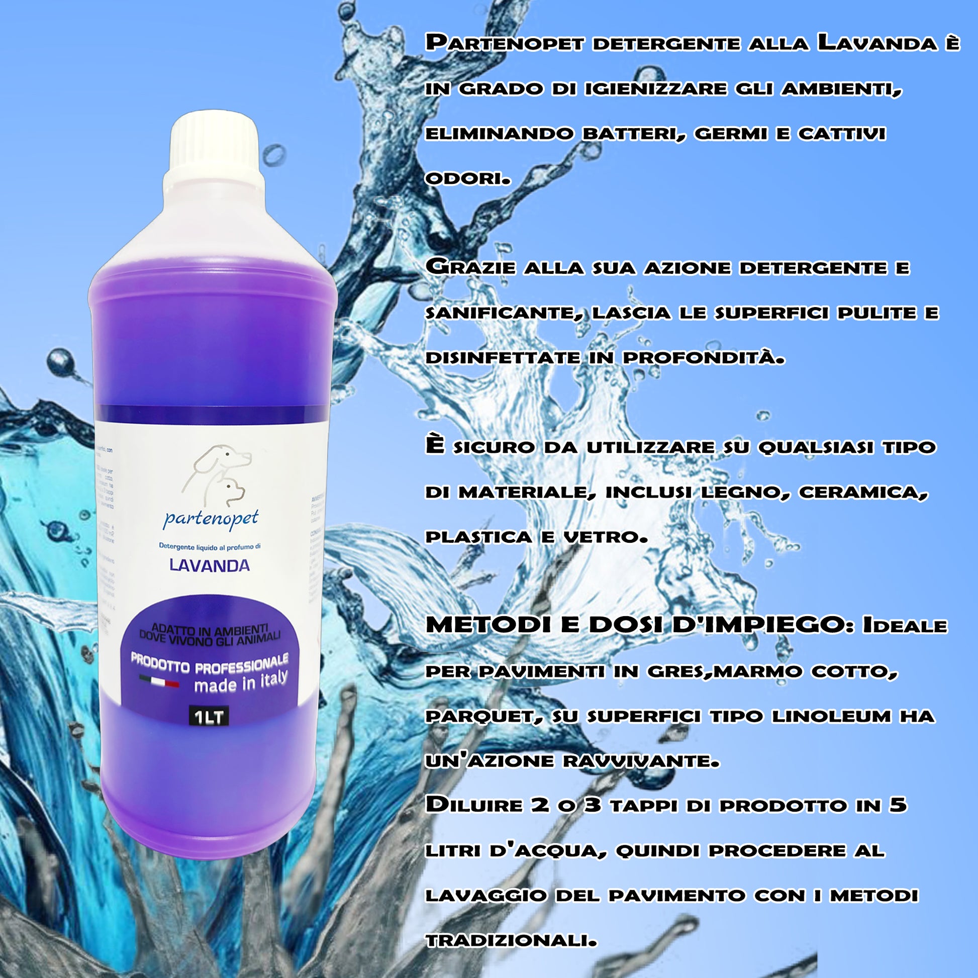 Partenopet Detergente Concentrato Elimina Odori per Tutte le Superifici Specifico per Ambienti con Animali alla Lavanda 1 L - Partenopet