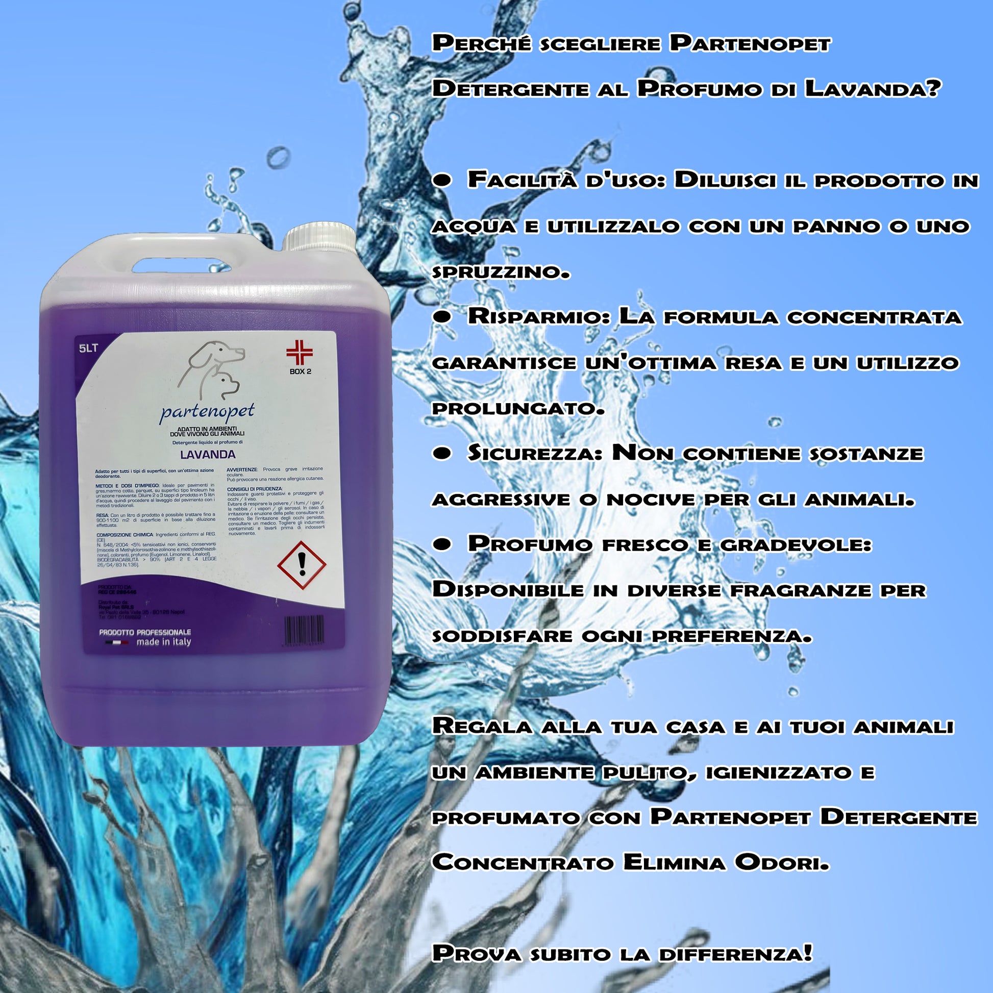 Partenopet Detergente Concentrato Elimina Odori per Tutte le Superifici Specifico per Ambienti con Animali alla Lavanda 5 L - Partenopet