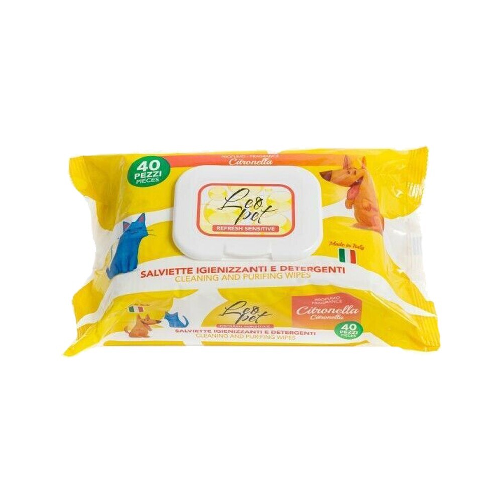 Confezione di salviette per cani e gatti alla citronella Leo Pet  da 40 salviette