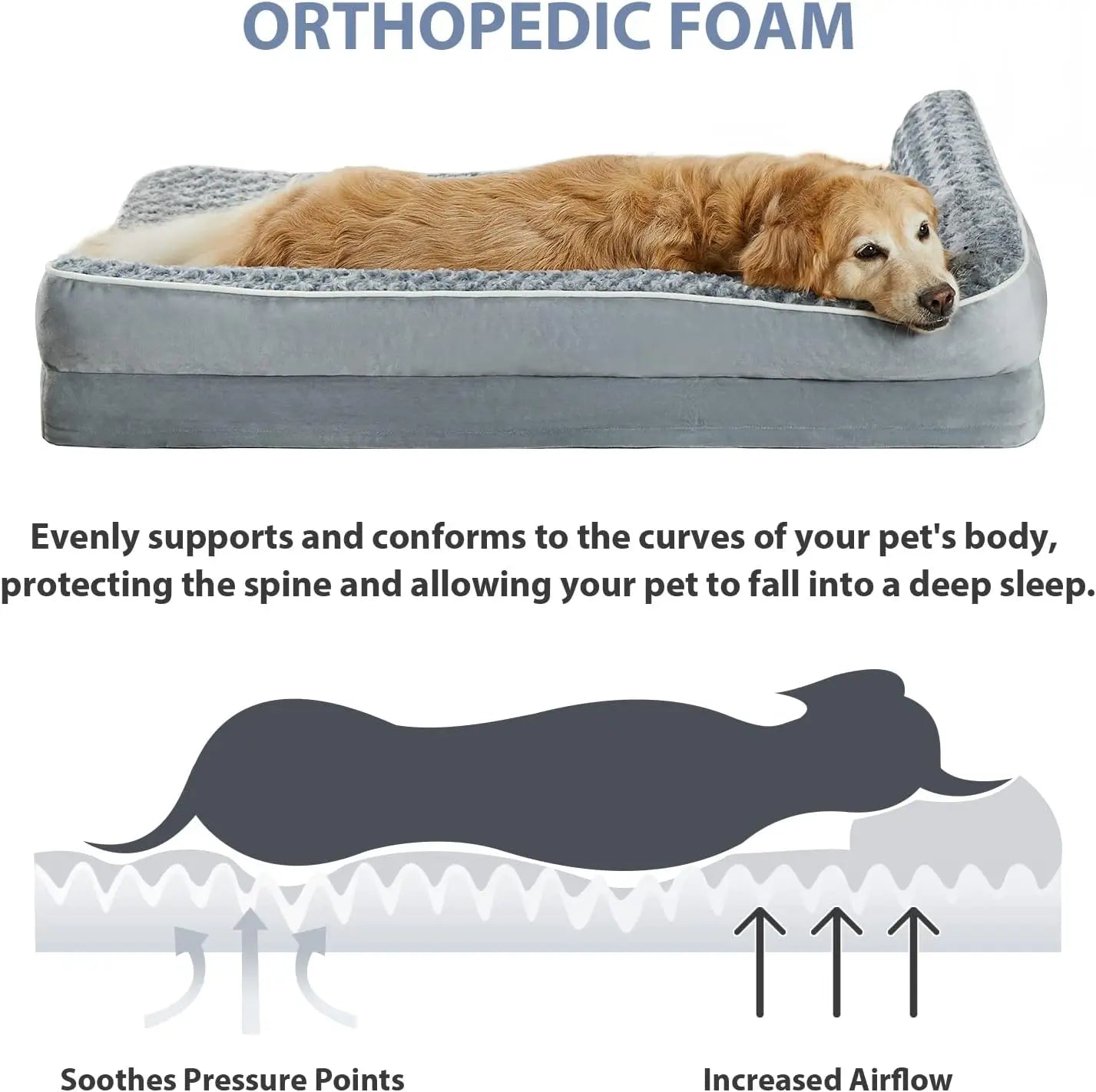 Letto ortopedico a divano per cani di taglia grande, disponibile in grigio e nero, con cuscino impermeabile sfoderabile e base antiscivolo per supporto articolare.