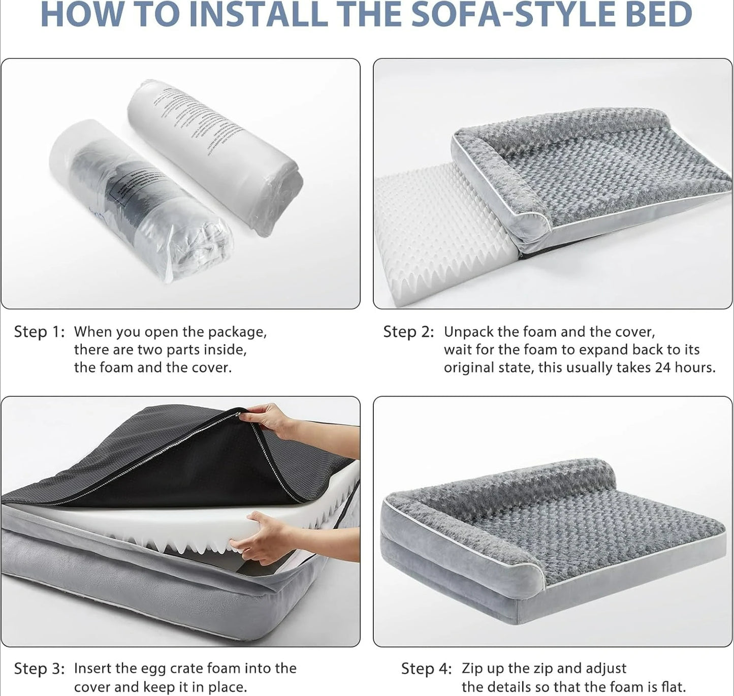 Letto ortopedico a divano per cani di taglia grande, disponibile in grigio e nero, con cuscino impermeabile sfoderabile e base antiscivolo per supporto articolare.
