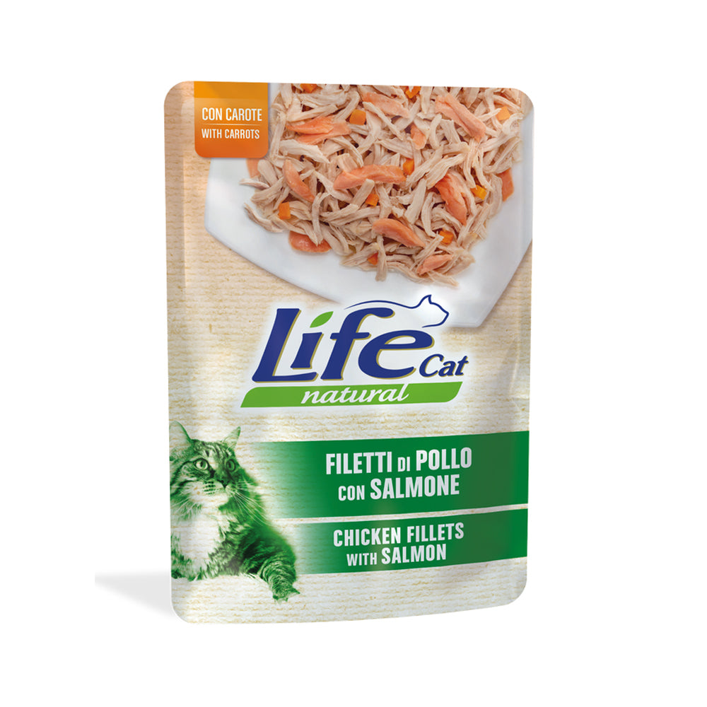 Bustina di cibo umido per gatti con filetti di pollo e salmone marca Life da 70 g