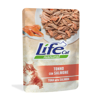 Bustina di alimento umido per gatti con tonno e salmone marca Life da 70 g