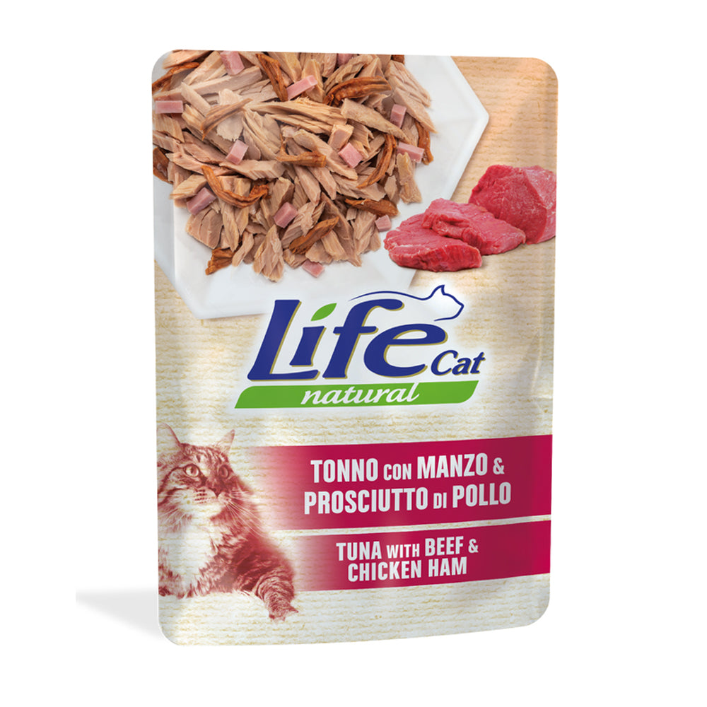 Bustina di alimento umido per gatto con tonno manzo e prosciutto di pollo Life da 70 g