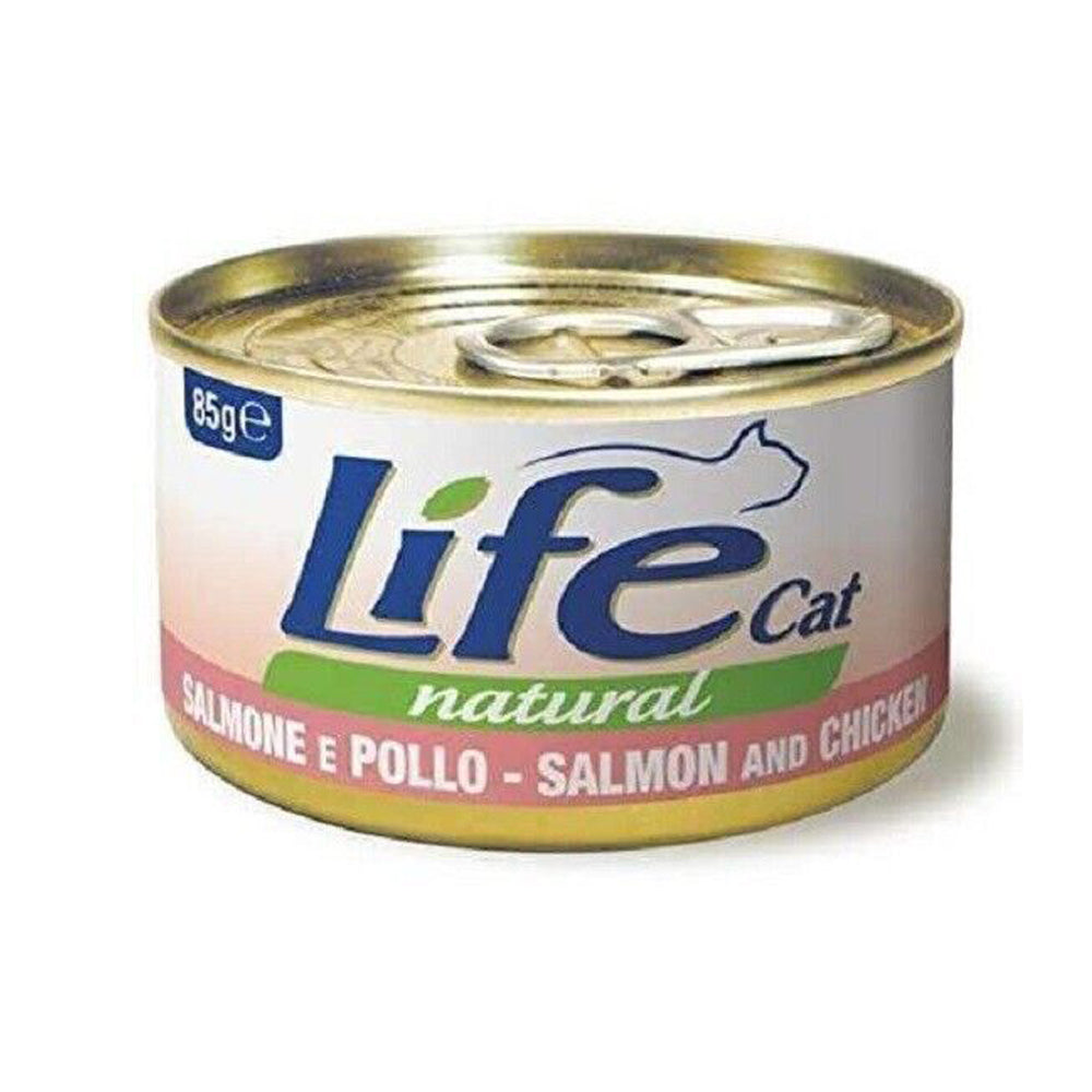 Scatoletta di alimento umido per gatti con salmone e pollo Life da 85 g