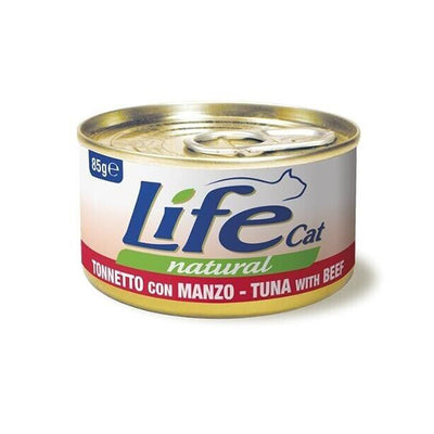 Scatoletta di alimento umido per gatti con tonnetto e manzo Life da 85 g
