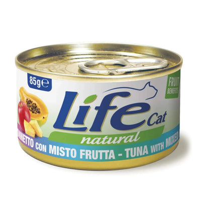 Scatoletta di alimento umido per gatti tonnetto con misto frutta Life da 85 g