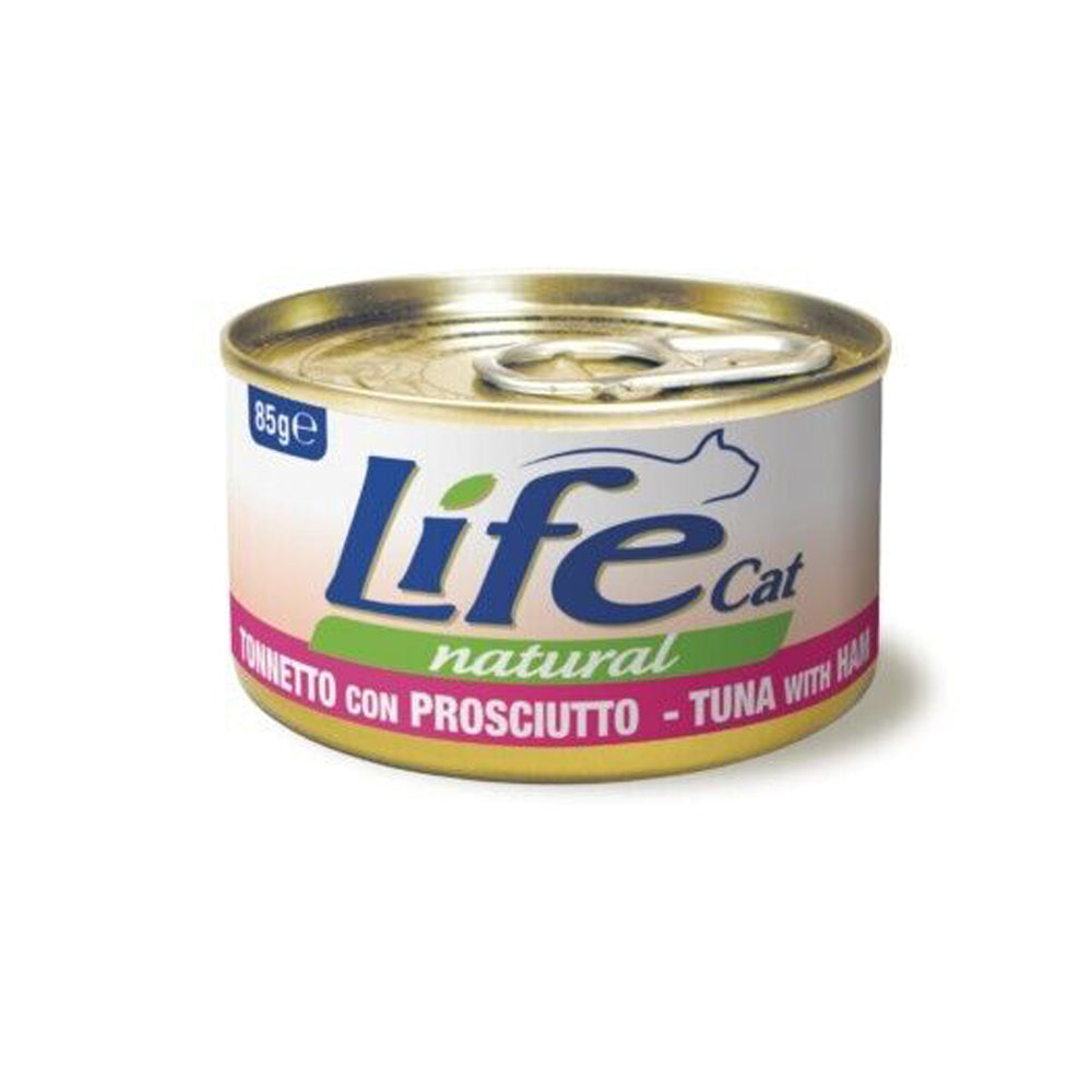 Scatoletta di cibo umido per gatti con tonnetto e prosciutto Life da 85 g
