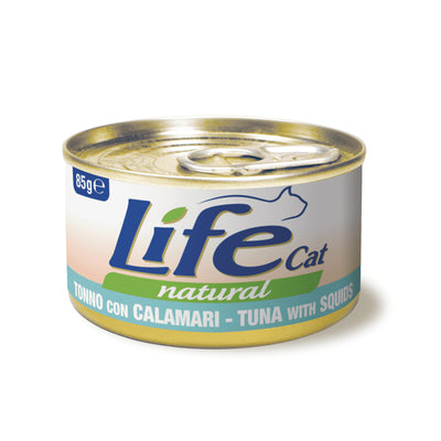 Scatoletta di alimento umido per gatti con tonno e calamari Life da 85 g