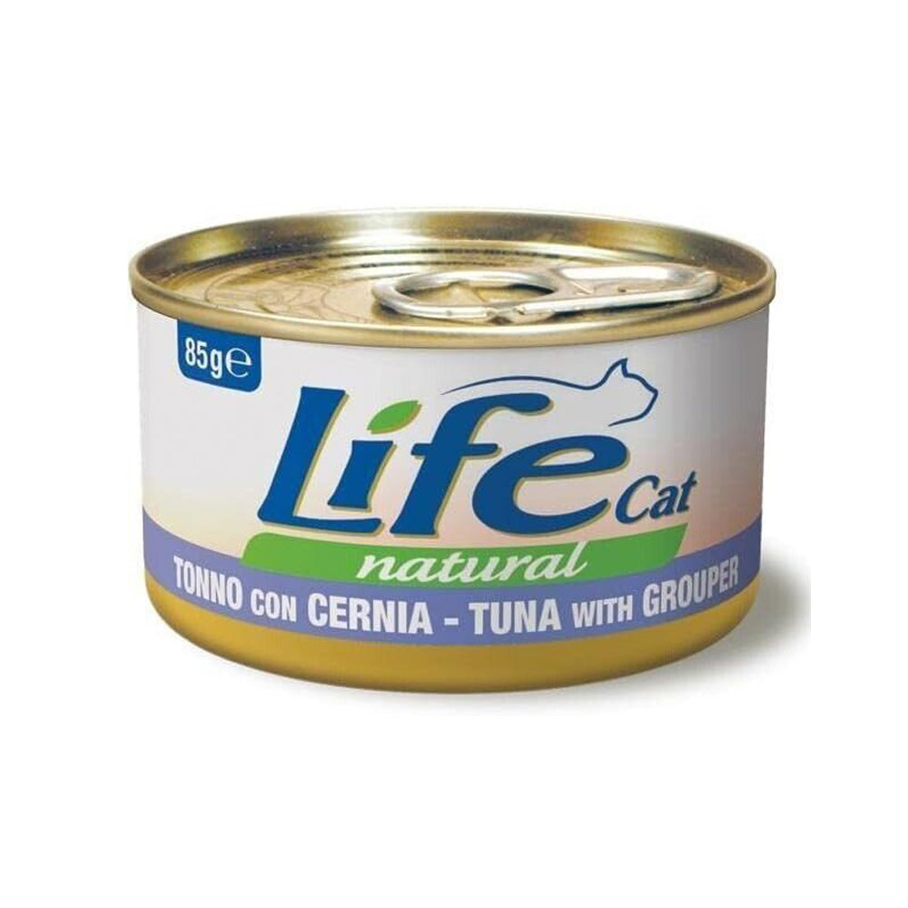 Scatoletta di alimento umido per gatti con tonno e cernia Life da 85 g