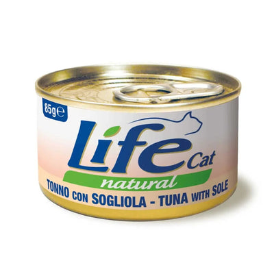 Scatoletta di cibo umido per gatti con tonno e sogliola Life da 85 g