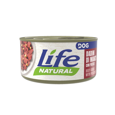 Scatoletta alimento umido per gatti con dadini di manzo e patate marca Life Dog da 90 g