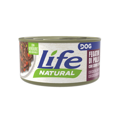 Scatoletta di cibo umnido per cani con Fegatini di pollo e cuori di pollo marca Life Dog da 90 g