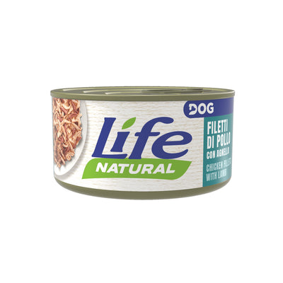 Scatoletta di cibo umido per cani con filetti di pollo e agnello marca Life Dog da 90 g