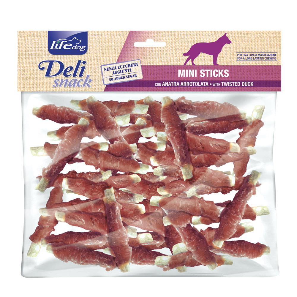Busta di snack per cani mini sticks di pelle di bufala arrotolati con anatra essiccata Life da 500 g
