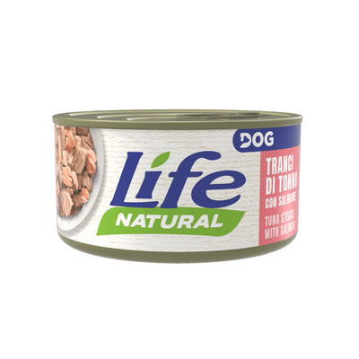 Scatoletta di cibo umido per cani con Tranci di tonno e salmone marca Life Dog da 90 g