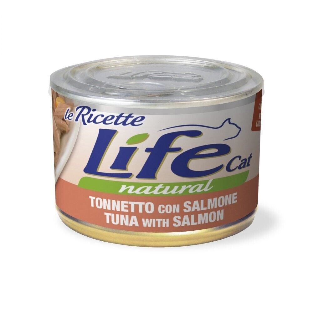 Scatoletta di cibo umido per gatti in sfilaccetti con Tonnetto e Salmone marca Life da 150 g