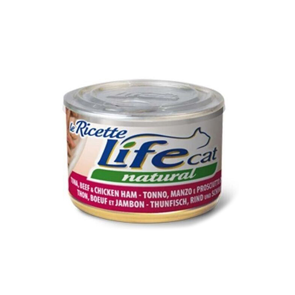 Scatoletta di alimento umido per gatti in sfilaccetti con Tonno Manzo e Prosciutto marca Life da 150 g