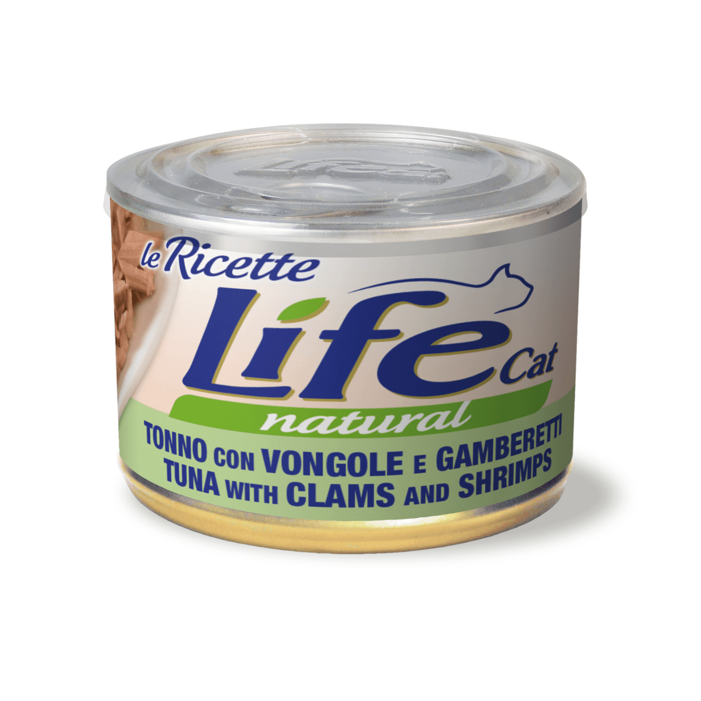 Scatoletta alimento umido per gatti in sfilaccetti con Tonno e Vongole marca Life da 150 g