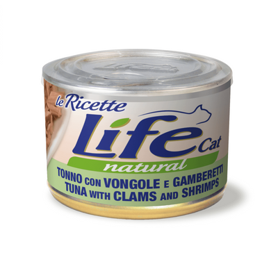 Scatoletta alimento umido per gatti in sfilaccetti con Tonno e Vongole marca Life da 150 g