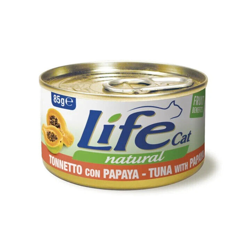 Scatoletta di alimento umido per gatti con tonnetto e papaya Life da 85 g