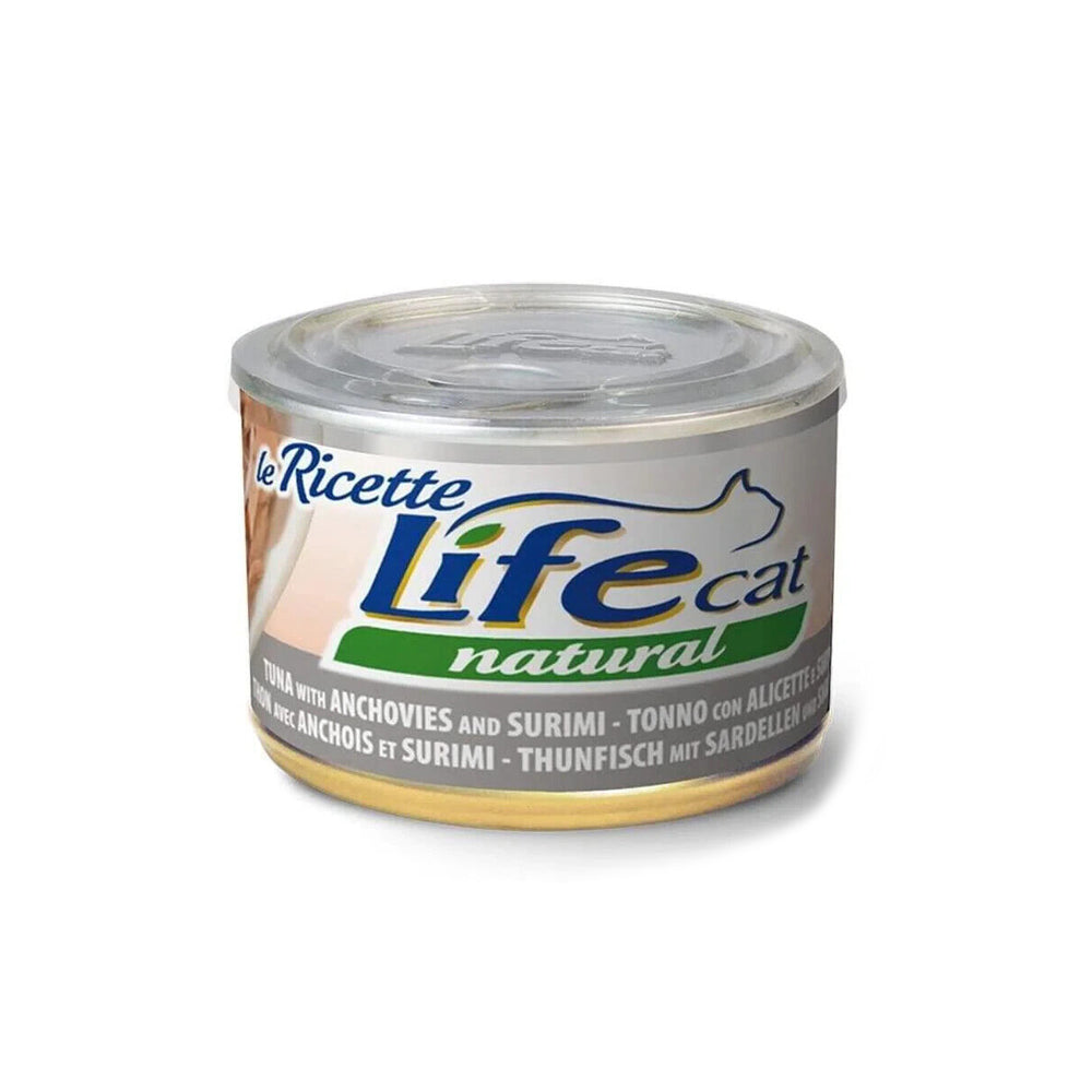Scatoletta alimento umido per gatti in sfilaccetti con tonno alicette e surimi marca Life da 150 g