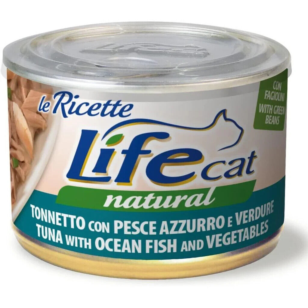 Scatoletta di sfilaccetti per gatti con tonnetto e pesce azzurro marca Life da 150 g