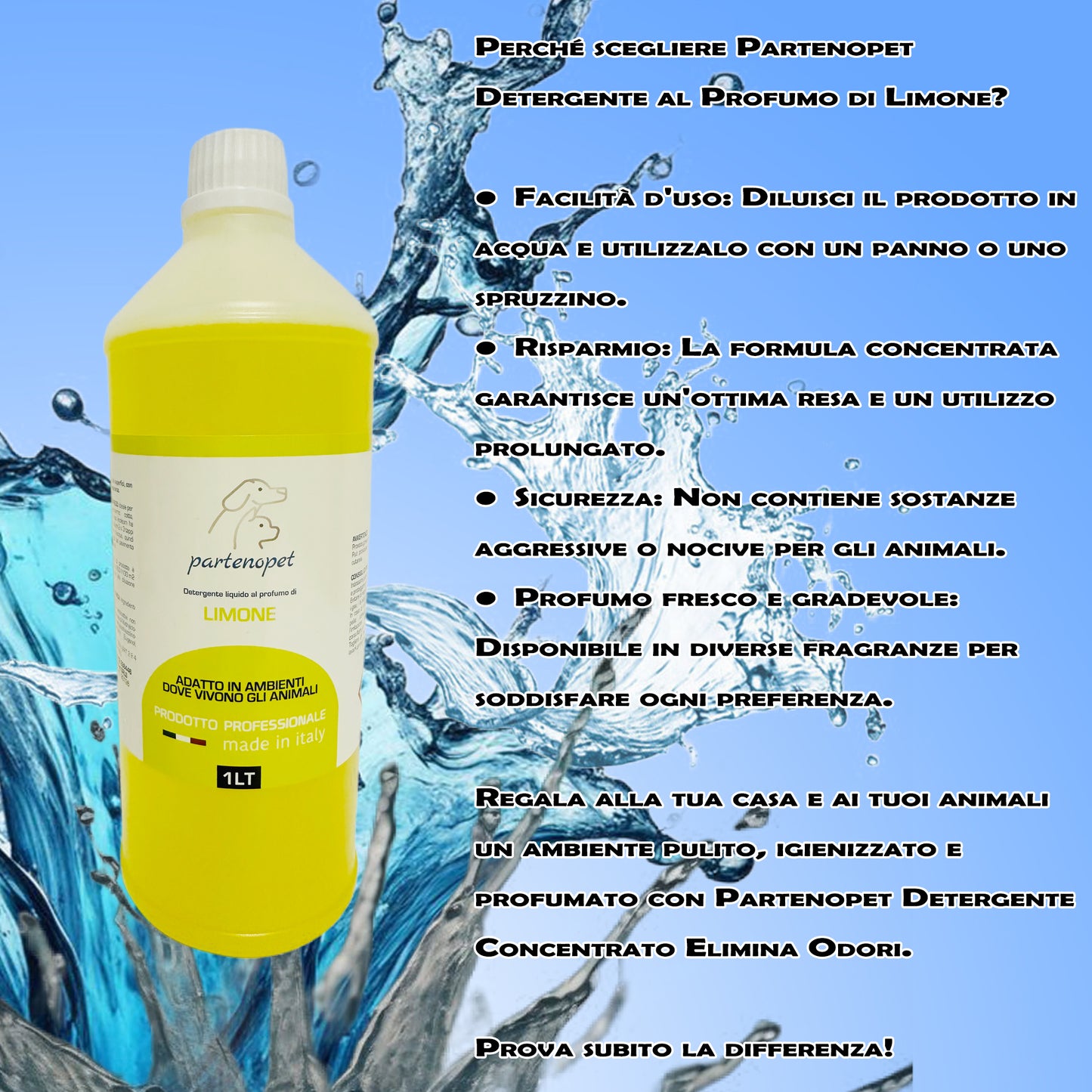 Partenopet Detergente Concentrato Elimina Odori per Tutte le Superifici Specifico per Ambienti con Animali al Limone 1 L - Partenopet