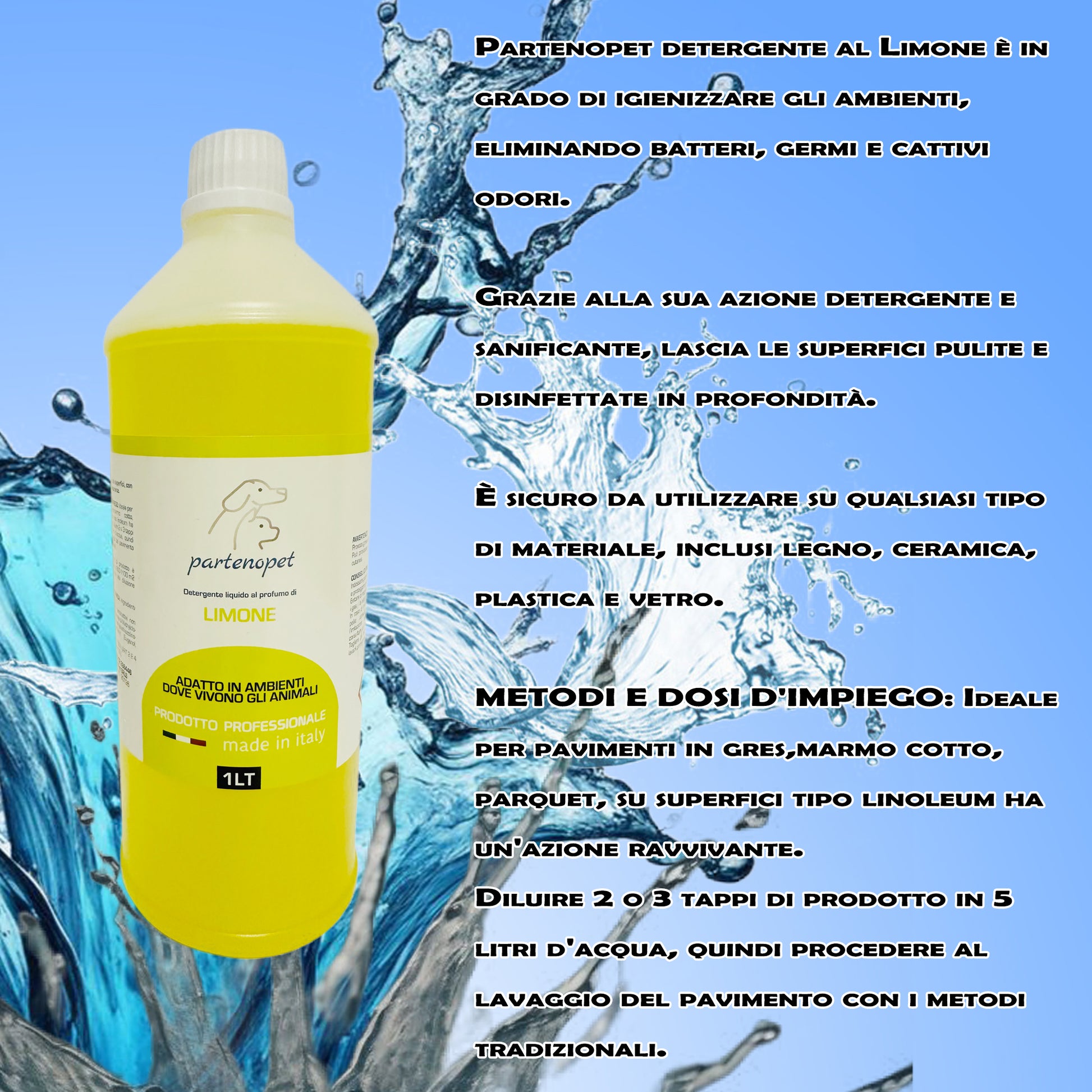 Partenopet Detergente Concentrato Elimina Odori per Tutte le Superifici Specifico per Ambienti con Animali al Limone 1 L - Partenopet