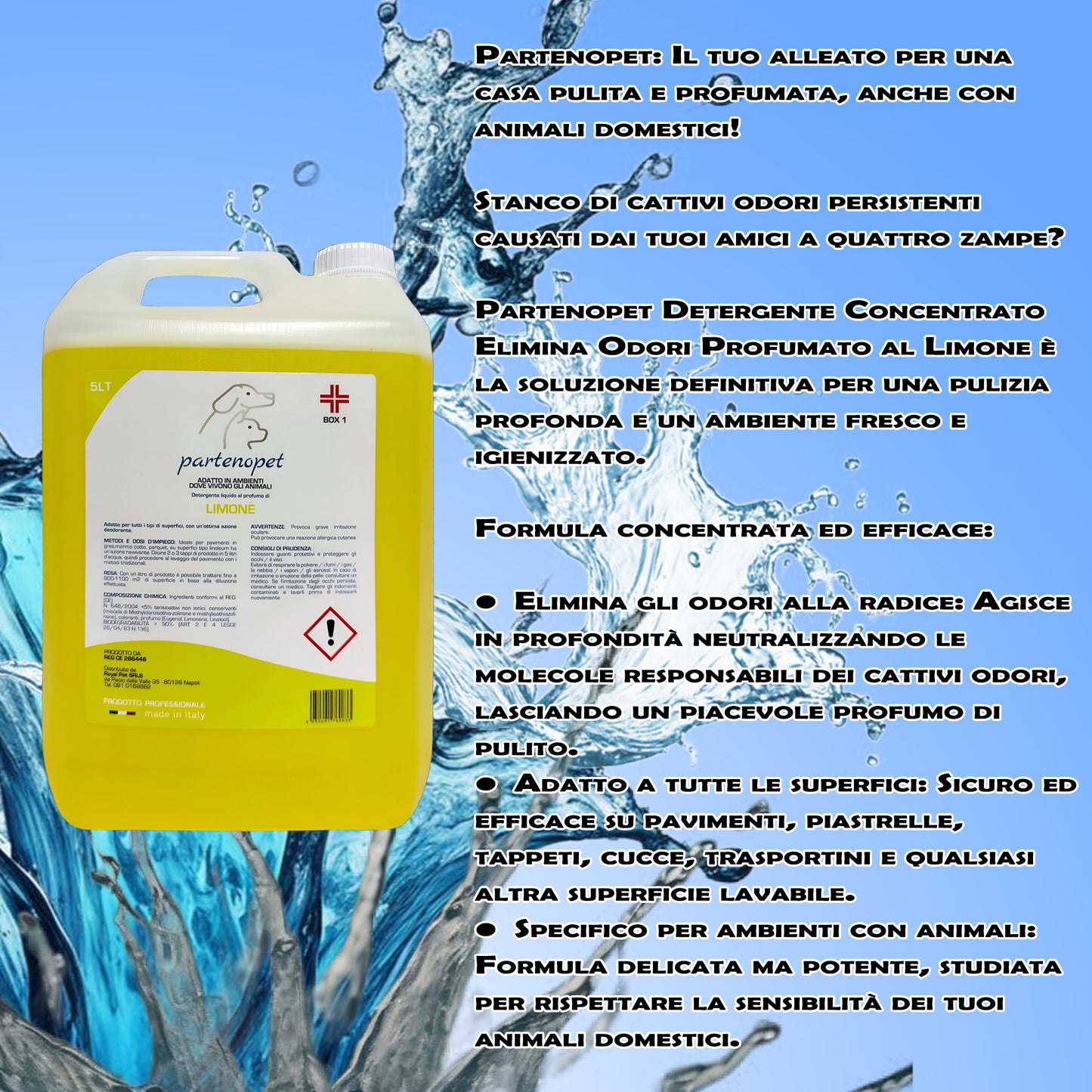 Partenopet Detergente Concentrato Elimina Odori per Tutte le Superifici Specifico per Ambienti con Animali al Limone 5 L - Partenopet