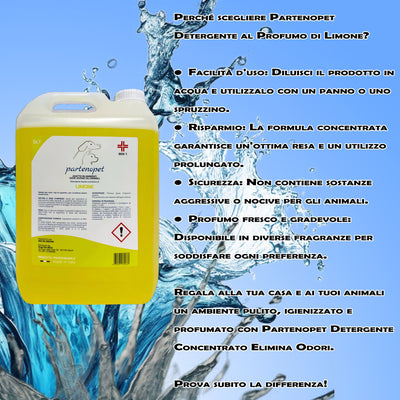 Partenopet Detergente Concentrato Elimina Odori per Tutte le Superifici Specifico per Ambienti con Animali al Limone 5 L - Partenopet