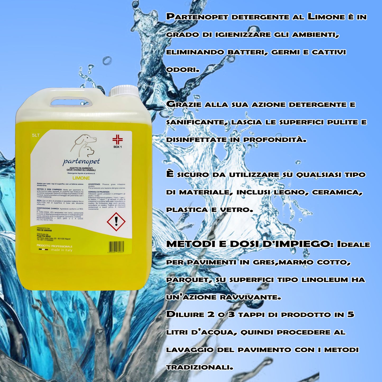 Partenopet Detergente Concentrato Elimina Odori per Tutte le Superifici Specifico per Ambienti con Animali al Limone 5 L - Partenopet