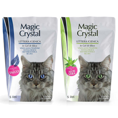 Busta di lettiera in gel di silice profumata al talco e all'aloe vera Magica Crystal da 5 L