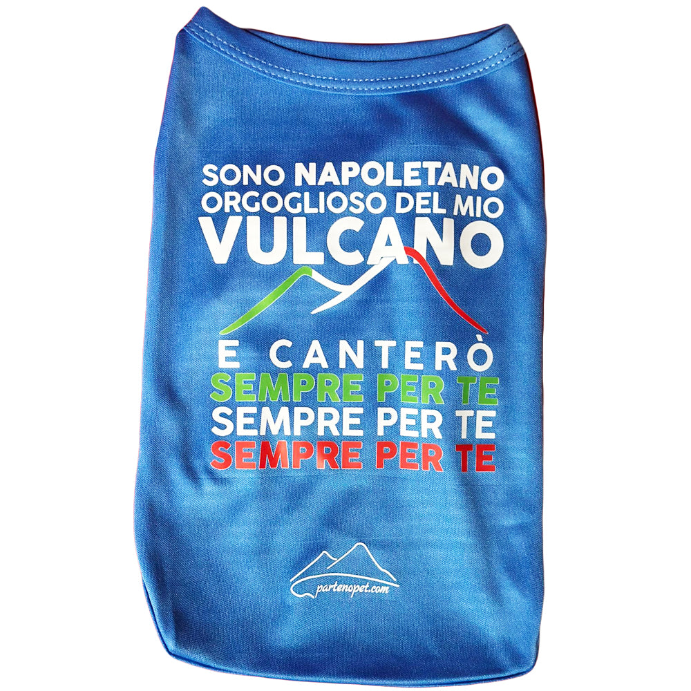 Maglietta per cani di colore blu con la scritta "sono Napoletano orgoglioso del mio vulcano e canterò sempre per te, sempre per te, sempre per te