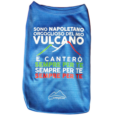 Maglietta per cani di colore blu con la scritta "sono Napoletano orgoglioso del mio vulcano e canterò sempre per te, sempre per te, sempre per te
